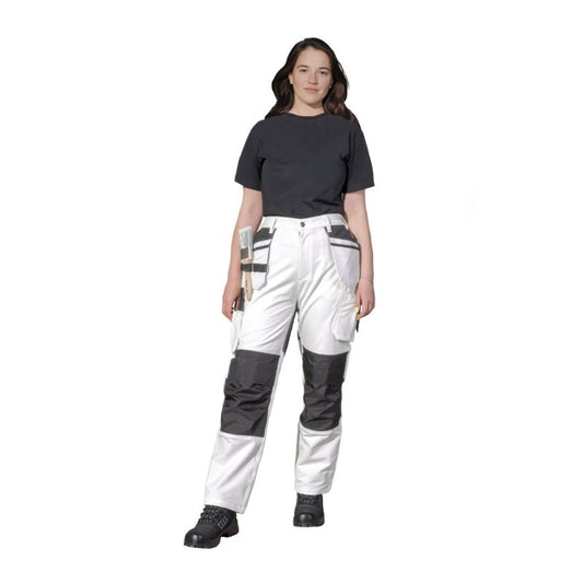 Person wearing a black shirt and white Prodec Ultraflex Decorators Trousers on a white background