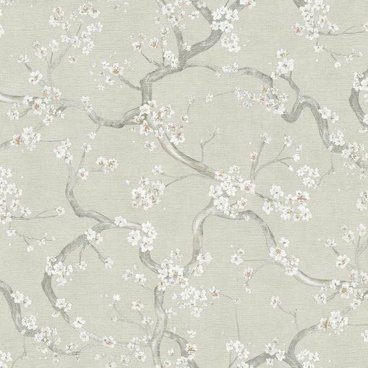 Cherry Blossom Tree Textured Sage Green Wallpaper Sample