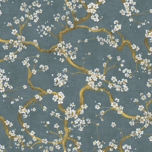 Cherry Blossom Tree Textured Teal Wallpaper Sample