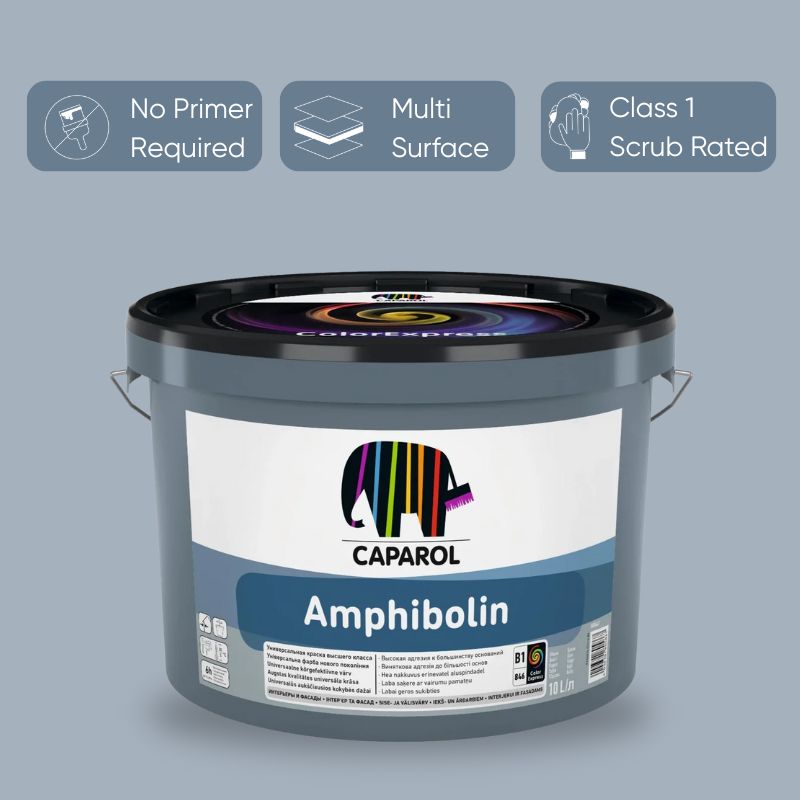 Caparol Amphibolin paint bucket with features on a gray background