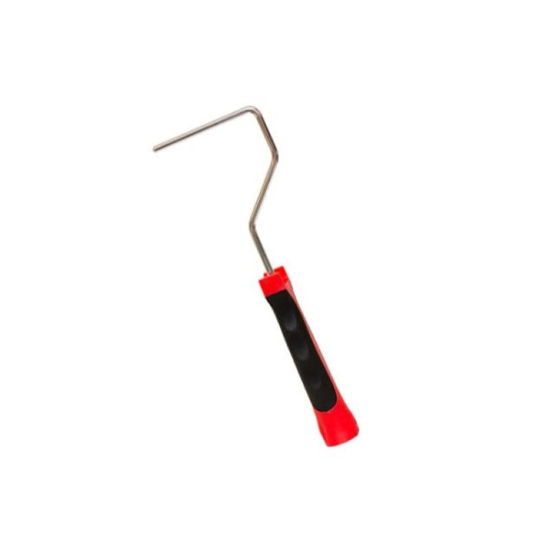 Paint roller with red handle and black grip on a white background