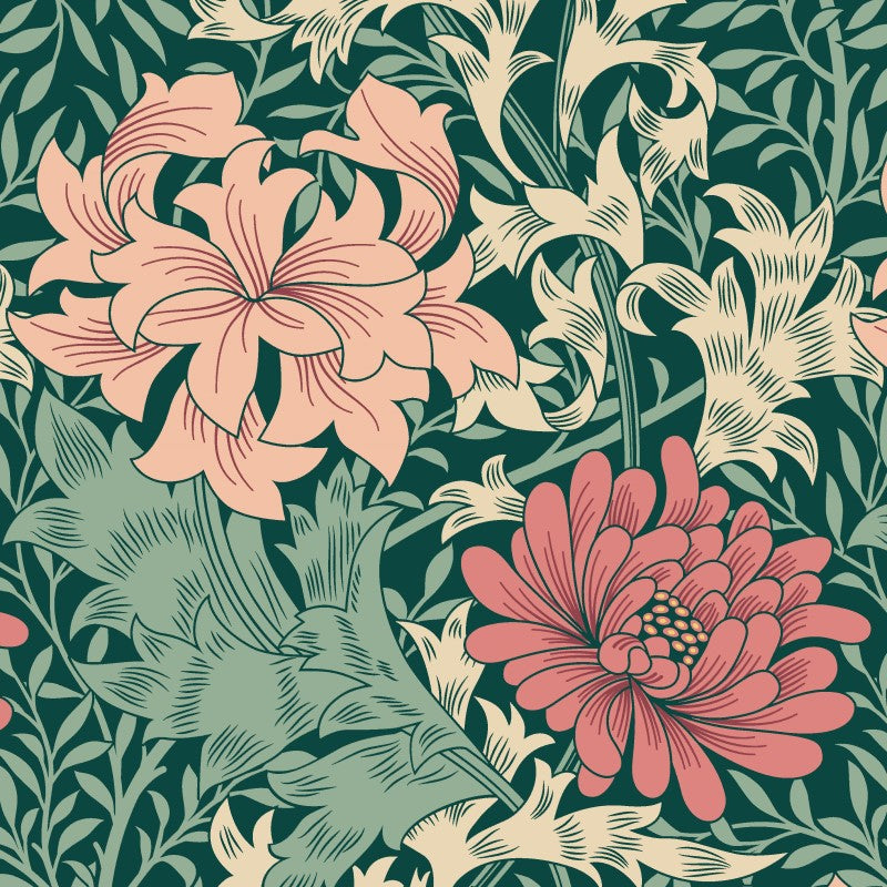 Hoopla Chrysanthemum Forest Green Wallpaper