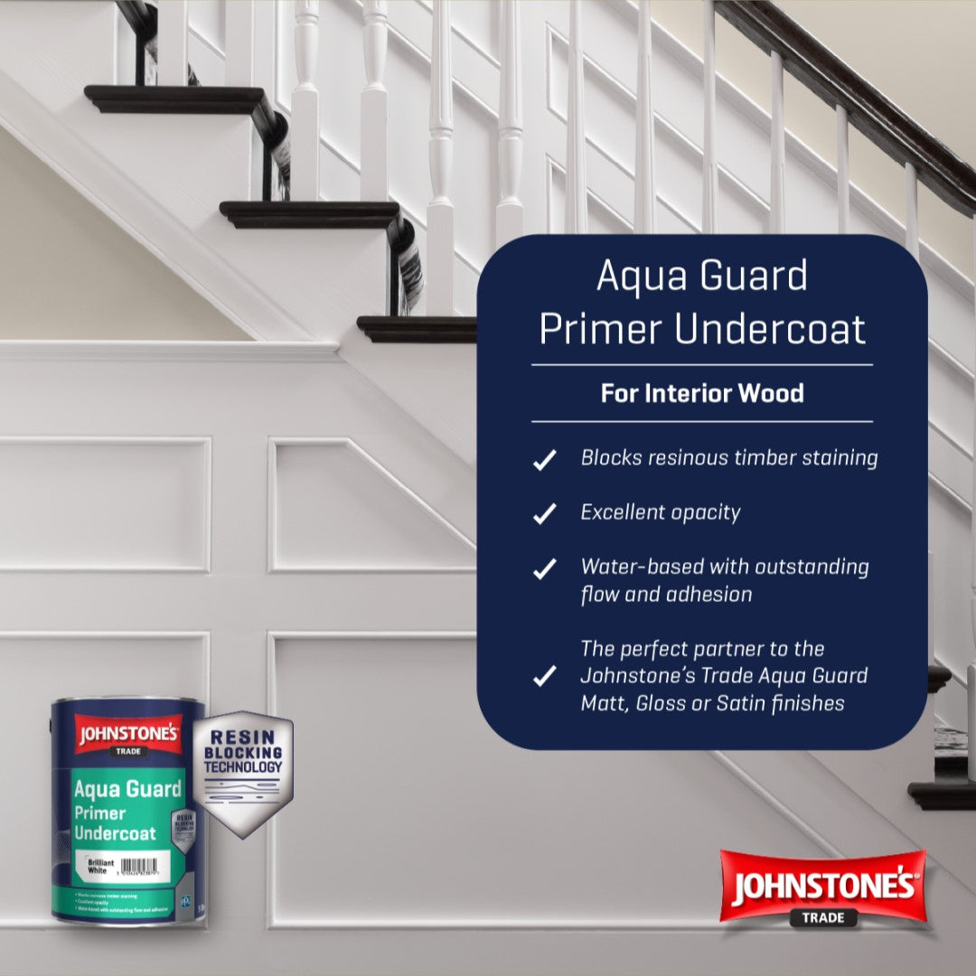 Johnstones Aqua Guard Primer Undercoat can with features listed on a staircase background