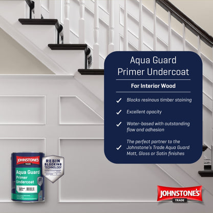 Johnstones Aqua Guard Primer Undercoat can with features listed on a staircase background