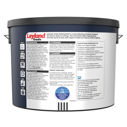 The back of the Leyland Trade ceiling paint container with label on a white background