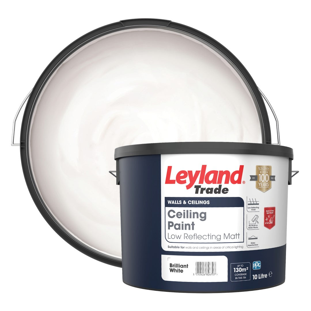 Leyland Trade ceiling paint bucket with open lid on a white background