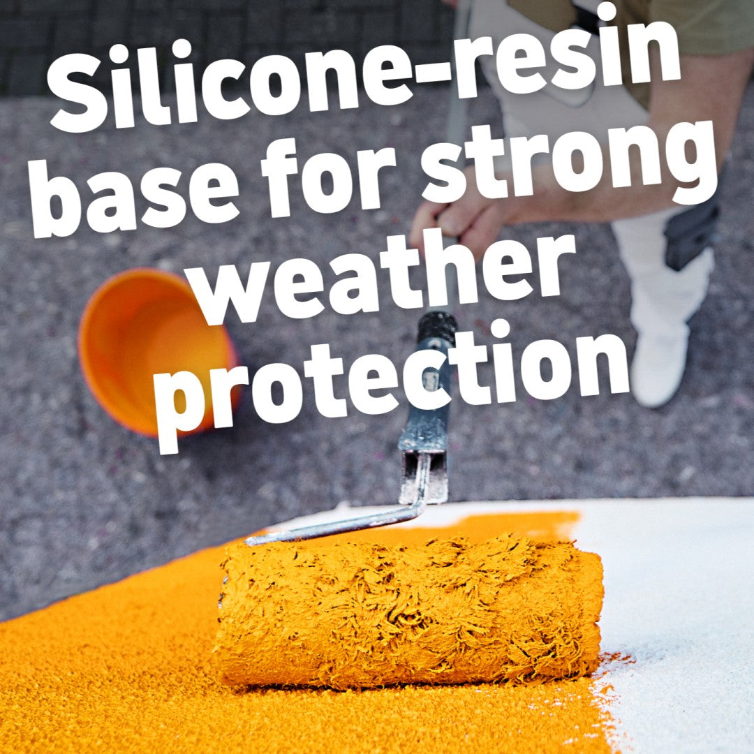 Person applying Caparol Muresko silicone-based paint to a surface with text about weather protection.