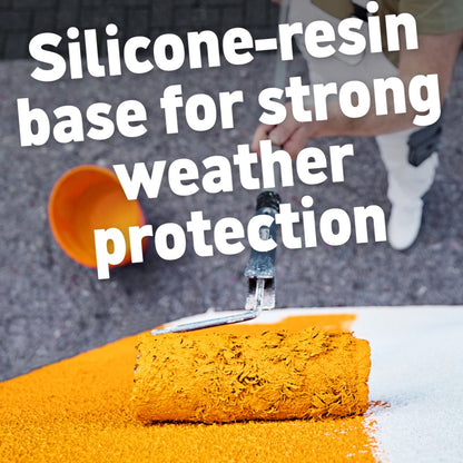Person applying Caparol Muresko silicone-based paint to a surface with text about weather protection.