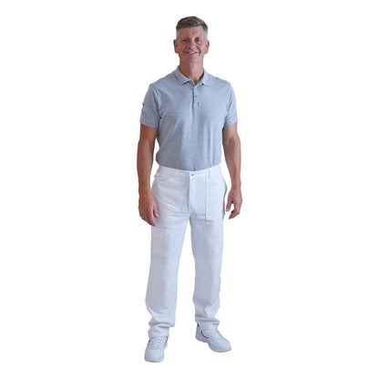 A man wearing a light gray short-sleeve polo shirt, white decorators, and white sneakers, standing against a plain white background.