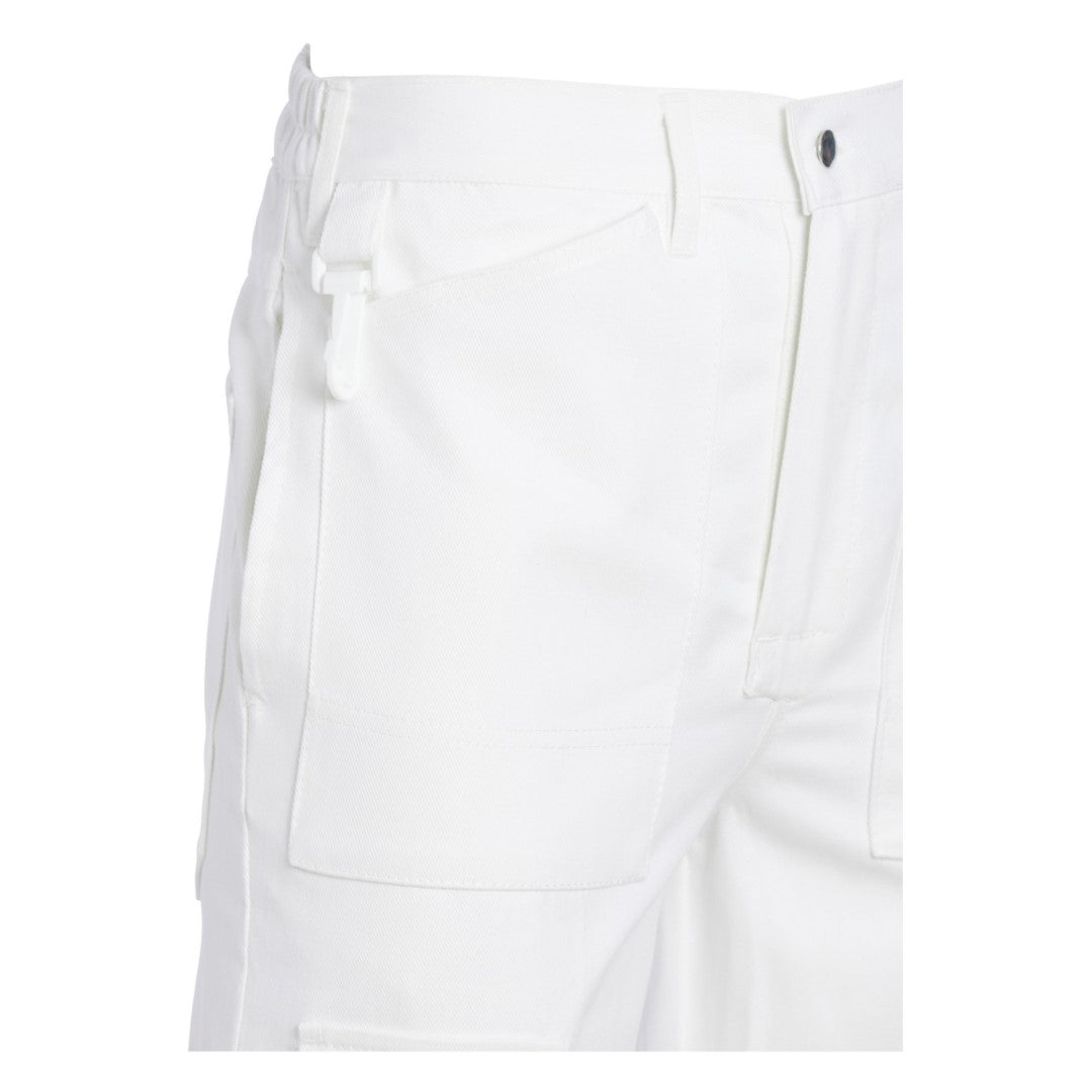 Close-up of white cargo shorts showing the side pocket, belt loop, and button closure on a plain white background.