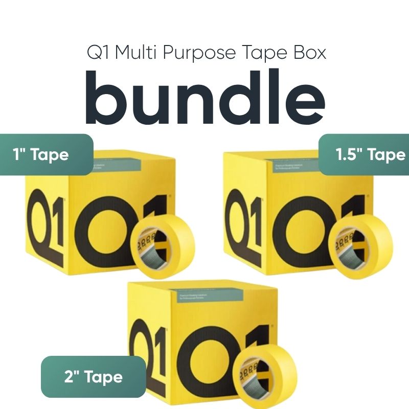 Three yellow Q1 multi-purpose tape boxes shown in a bundle, labeled for 1" tape, 1.5" tape, and 2" tape, on a white background with large 'bundle' text above.