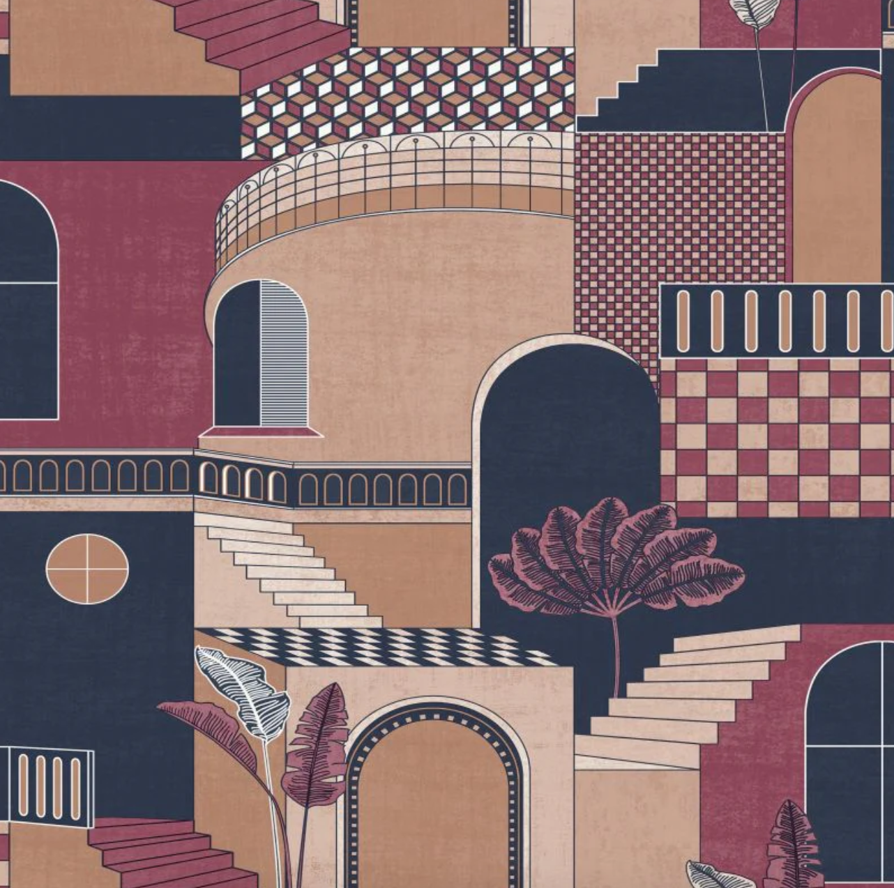 Medina Mediterranean Building Wallpaper Red/Navy Sample