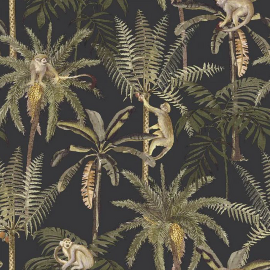 Monkey Oasis Wallpaper - Charcoal Sample