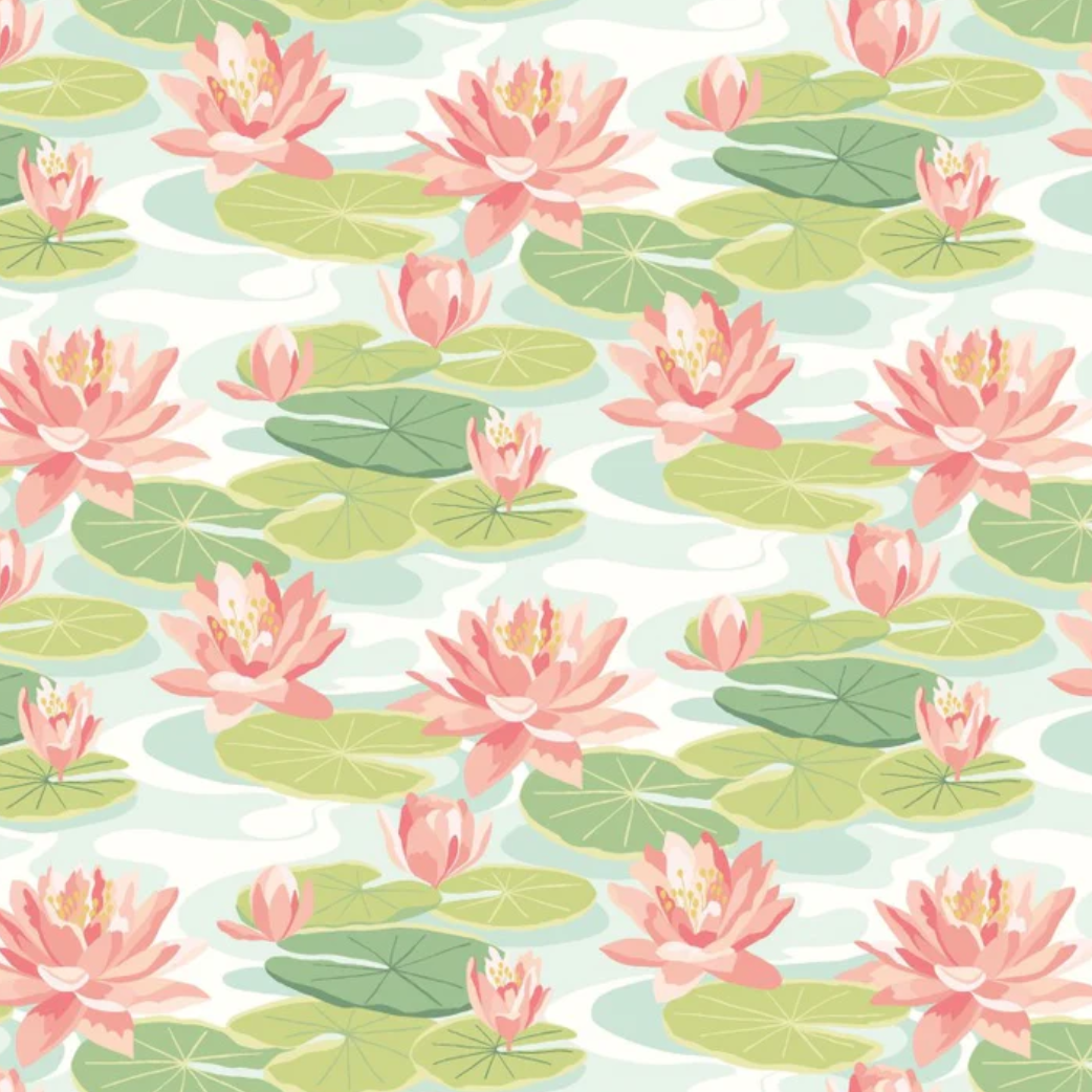 Ohpopsi Waterlily Wallpaper Duck Egg & Coral Sample