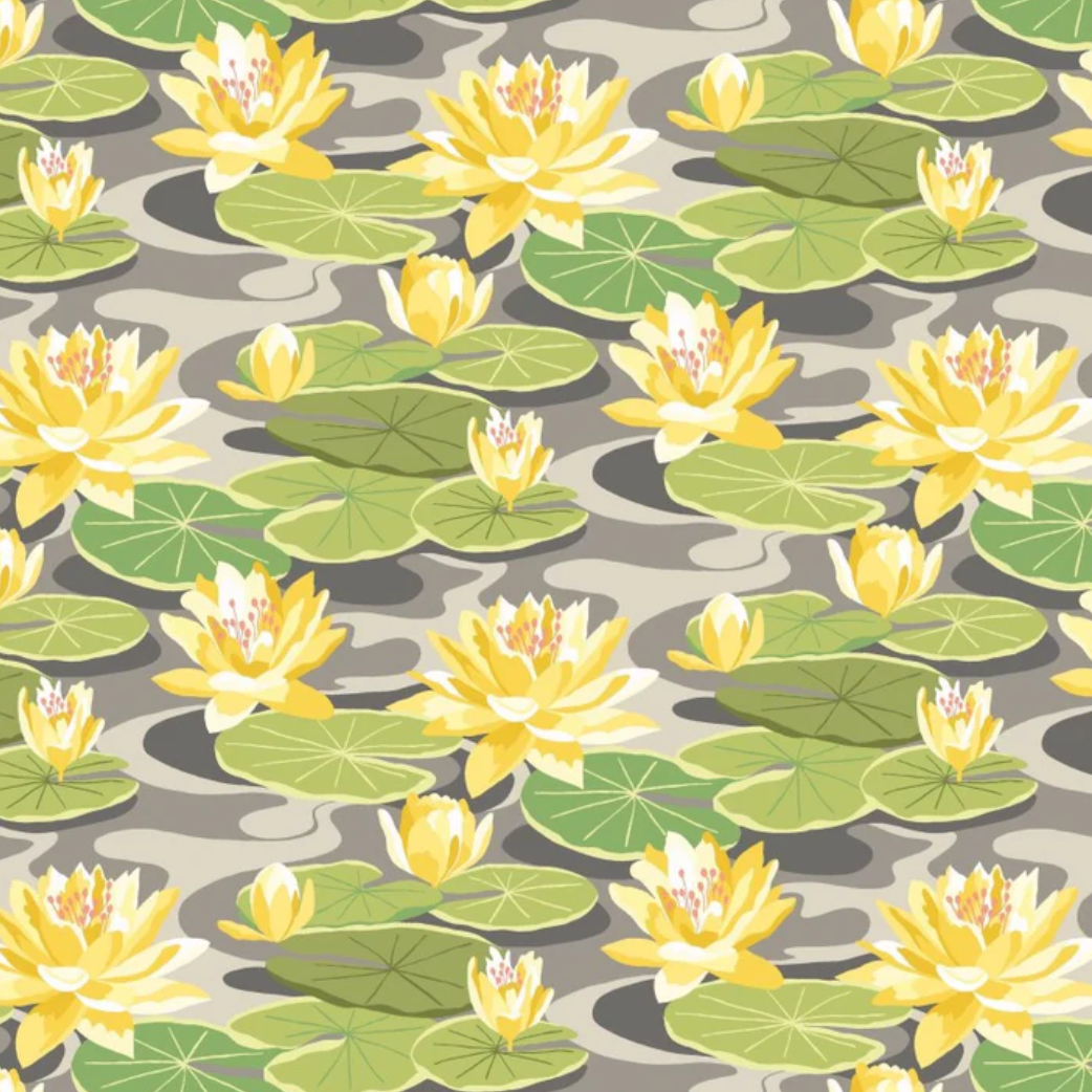 Ohpopsi Waterlily Wallpaper Charcoal & Mustard Sample