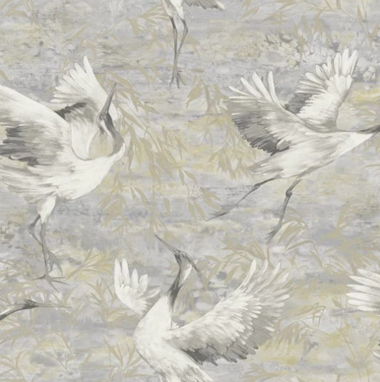 Sarus Crane Metallic Wallpaper Sarus Grey Sample
