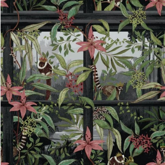 Comoro Tropical Window Design Wallpaper Black Sample