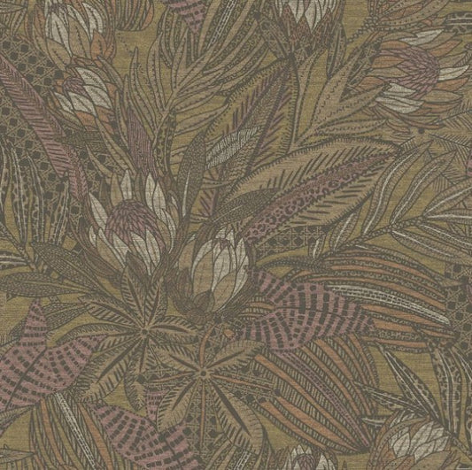 Susara Tropical Leaf Metallic Wallpaper Ochre Sample