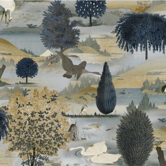 Swan Lake Wallpaper Navy / Ochre Sample