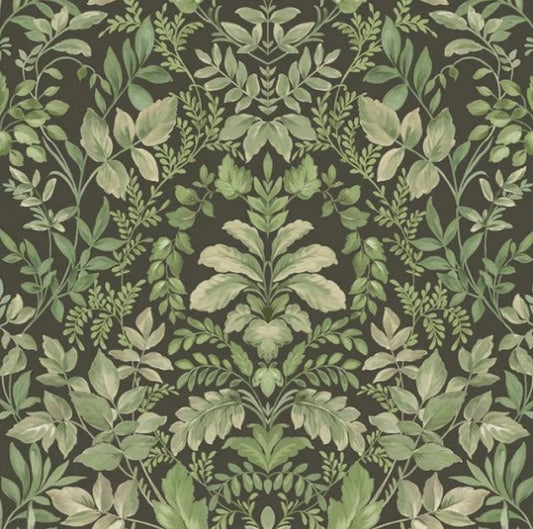 Tavira Leaf Wallpaper - Charcoal & Green Sample