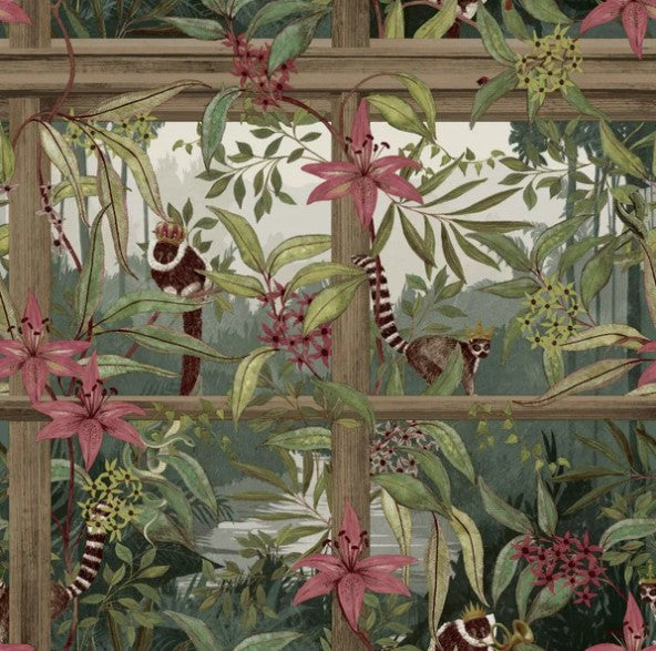 Comoro Tropical Window Design Wallpaper Light Wood Sample