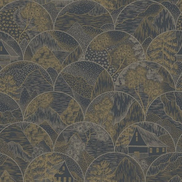 Teshio Oriental Scalloped Wallpaper Charcoal Sample