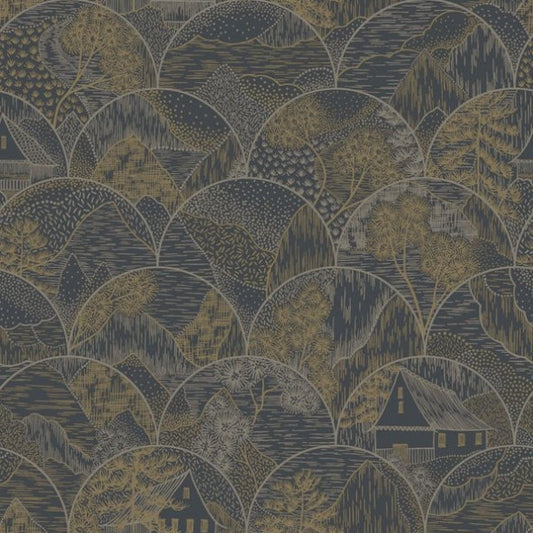 Teshio Oriental Scalloped Wallpaper Charcoal Sample