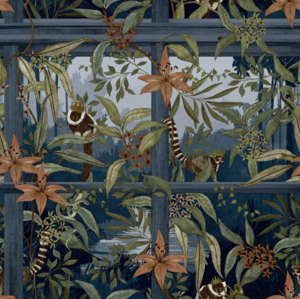 Comoro Tropical Window Design Wallpaper Navy Sample