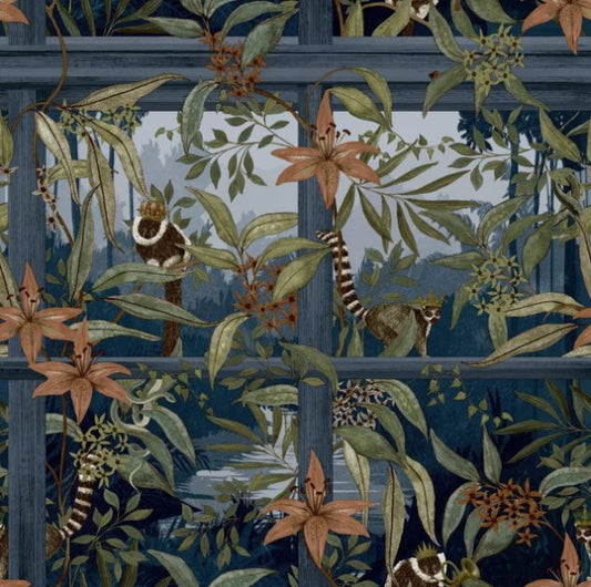 Comoro Tropical Window Design Wallpaper Navy Sample