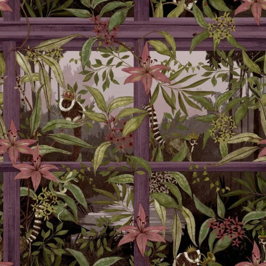 Comoro Tropical Window Design Wallpaper Plum Sample