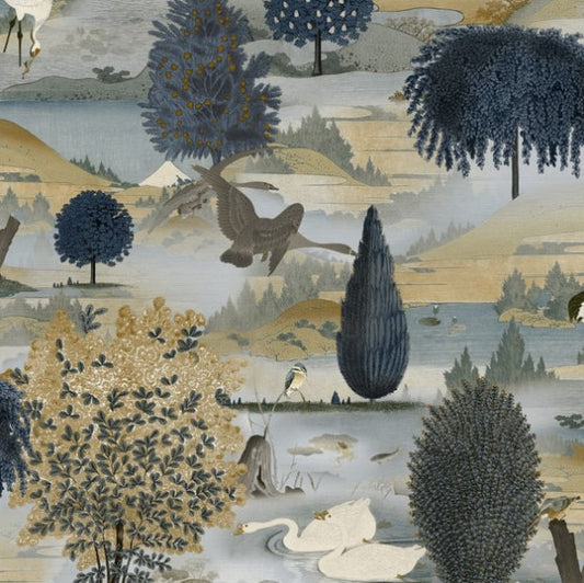 Tundra Scenic Swan Lake Navy & Ochre Wallpaper Sample