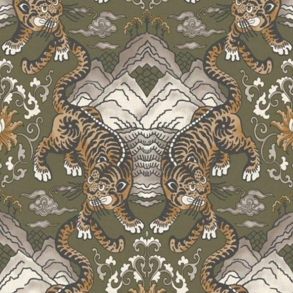 Tora Oriental Tiger Wallpaper Khaki Sample
