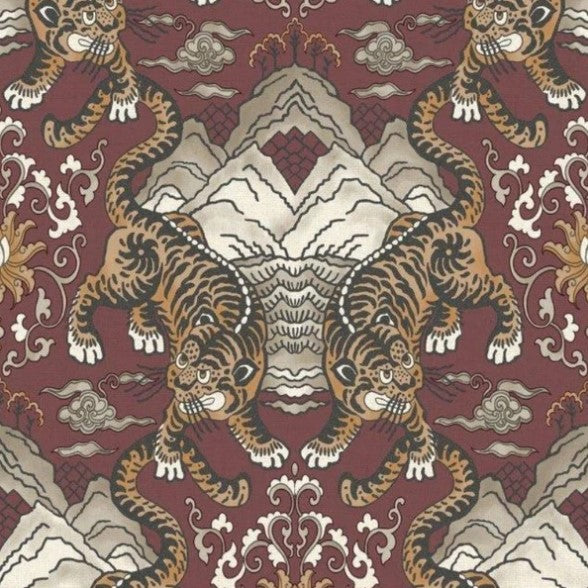 Tora Oriental Tiger Wallpaper Maroon Sample