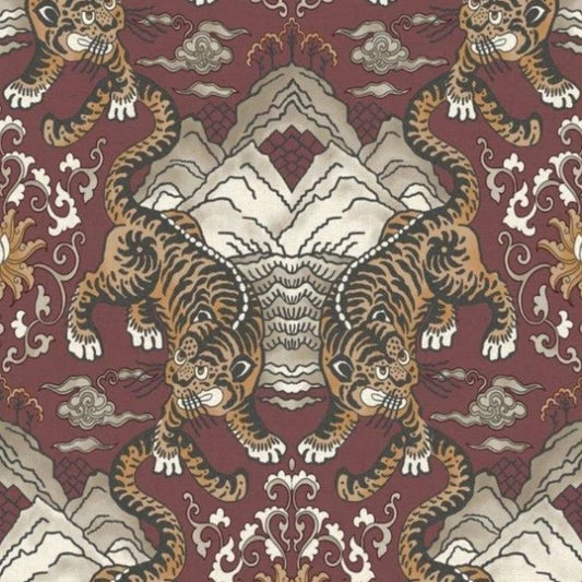 Tora Oriental Tiger Wallpaper Maroon Sample