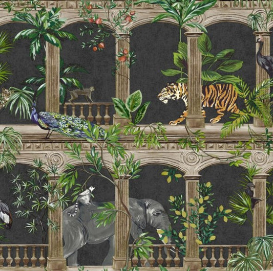 Tropical Animal Arches Wallpaper - Black Sample