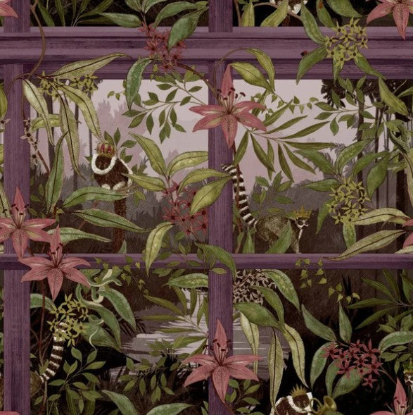Tropical Animal Window Wallpaper - Plum Sample