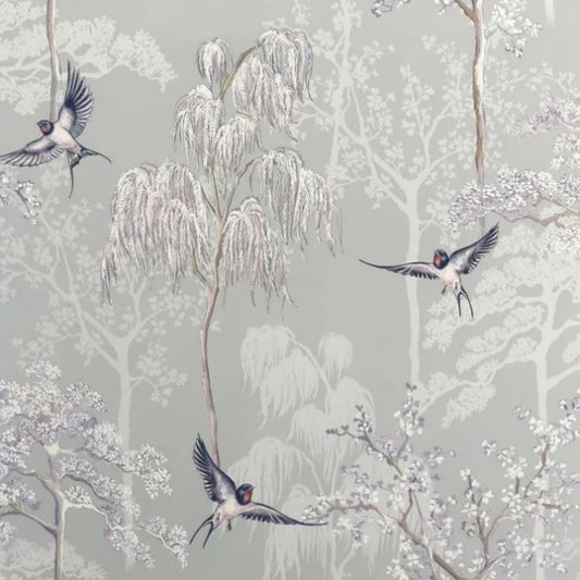 Japanese Garden Oriental Tree and Bird Wallpaper Grey  Sample