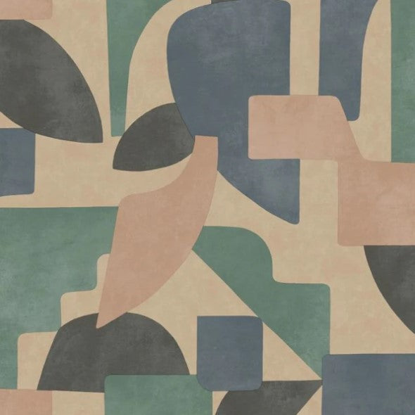 Linnet Geometric Wallpaper - Taupe & Aqua Sample
