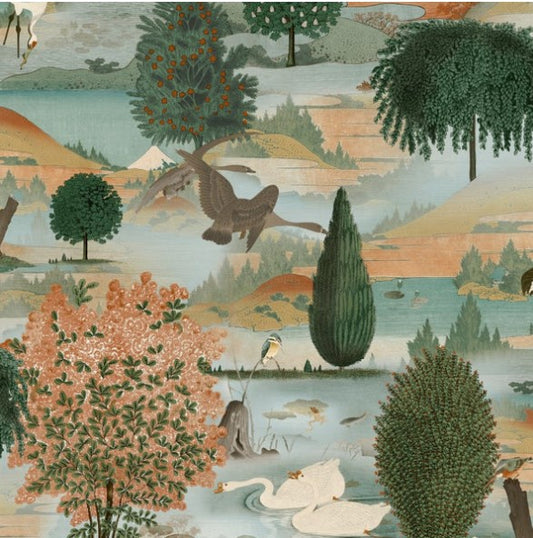 Tundra Scenic Swan Lake Orange & Green Wallpaper Sample