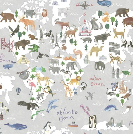 Kids Animal Maps Grey Wallpaper Sample