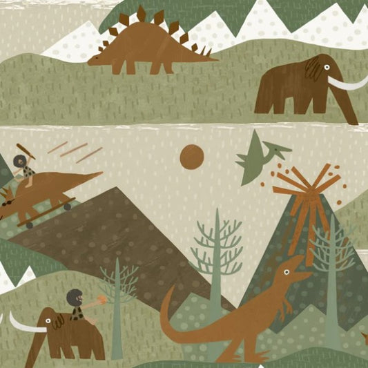 Kids Prehistoric Animal Green & Orange Wallpaper Sample
