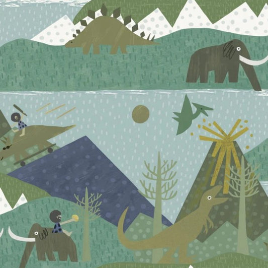 Kids Prehistoric Animal Teal Wallpaper Sample