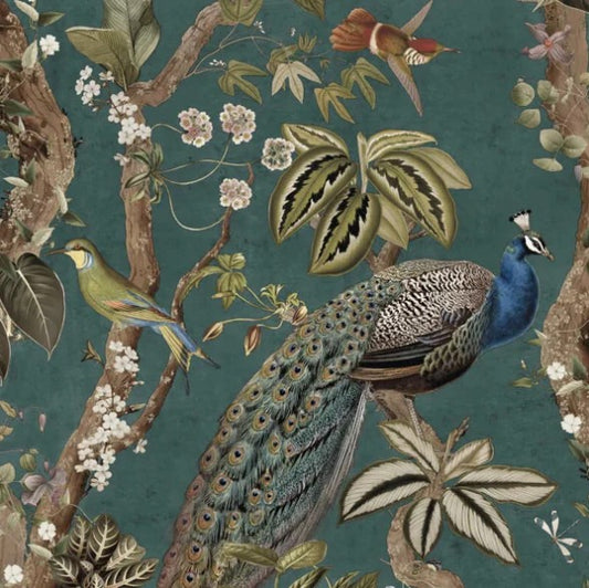 Whispering Peacock Woods Wallpaper - Aqua Sample