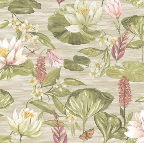 Water Lily Floral Wallpaper - Beige Sample