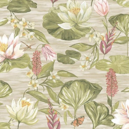 Water Lily Floral Wallpaper - Beige Sample