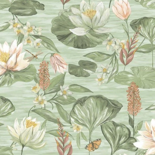 Water Lily Floral Wallpaper - Green Sample