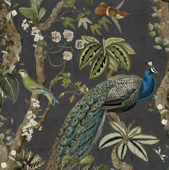 Whispering Peacock Woods Wallpaper - Charcoal Sample