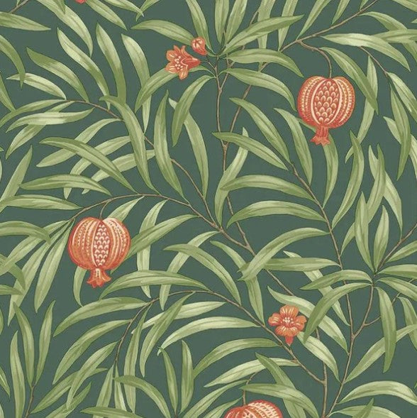 Pomegranate Leaf Wallpaper - Deep Green/ Orange Sample