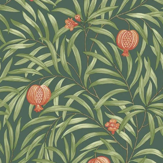 Pomegranate Leaf Wallpaper - Deep Green/ Orange Sample