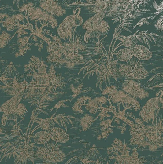 Whispering Crane Lagoon Wallpaper - Aqua/Gold Sample